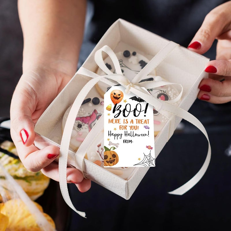 RPLCSPC Black Halloween Paper Gift Tags with String-50Pcs, Here is A Treat for You Happy Halloween Cute Ghost Boo Tags for Goodie Bags, 2 x 3.5 Inch Hanging Labels for Decor Party Supplies, Gift Wrapping-B10 - Image 5